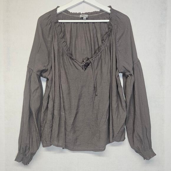 Wishlist Apparel Brown Gauze Long Sleeve Tie front blouse Oversized - Picture 1 of 8